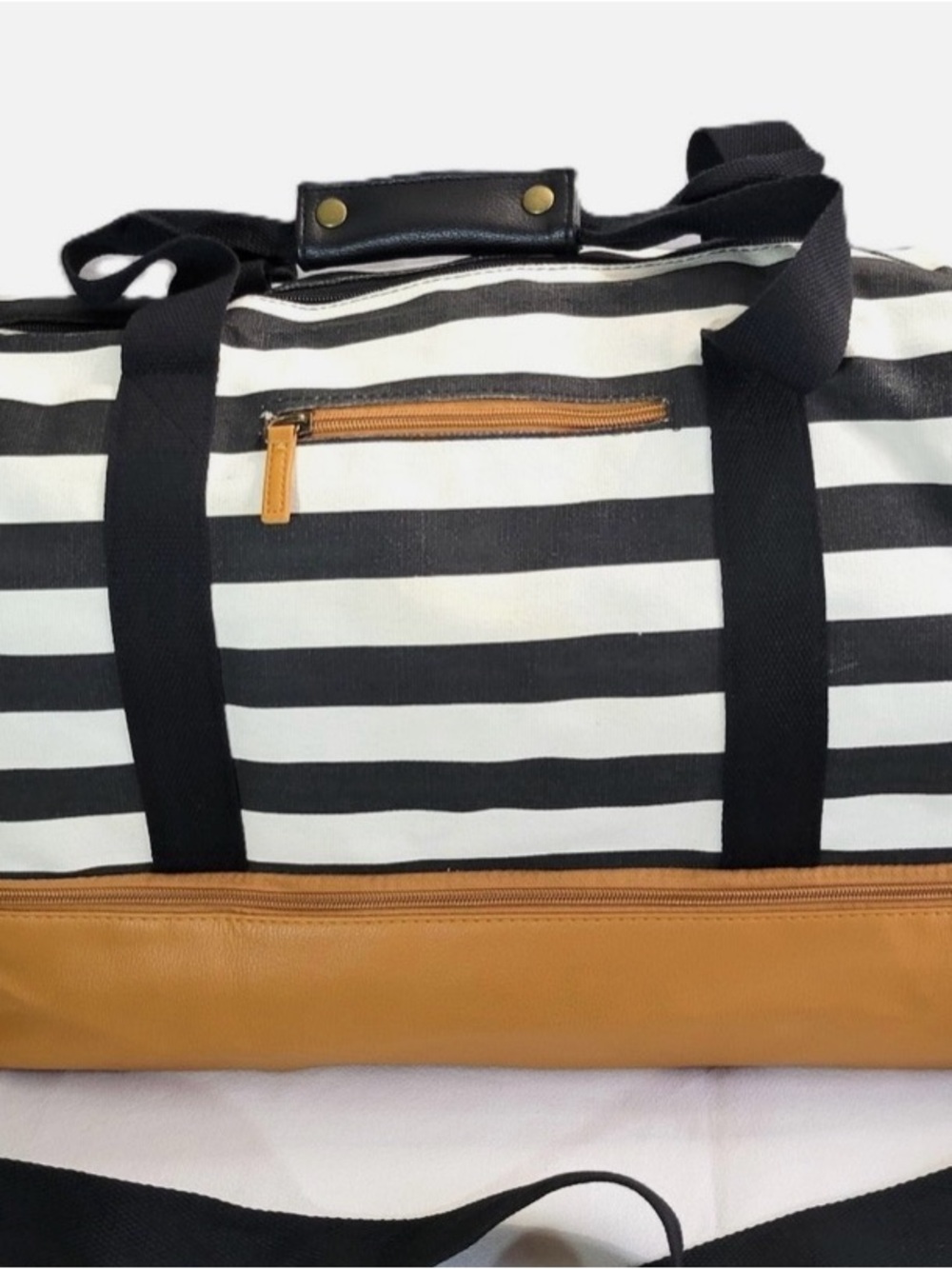DSW Black and White Striped Weekender with Lined Shoe Compartment